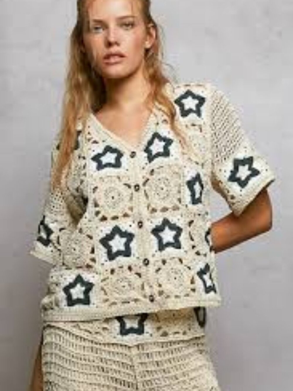 POL Clothing Short Sleeve Button Up Crochet Top with Star Motifs OSFM